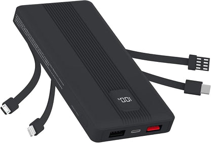 10000mAh Portable Charger with 4 Built-in Cables, 22.5W Fast Charging Power Bank, LED Display, Slim Travel Battery Pack for iPhone 17/16/15/14, Samsung Galaxy, iPad & More