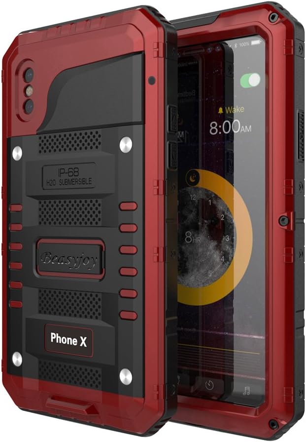 Beasyjoy for iPhone X iPhone 10 Metal Case Heavy Duty Aluminum Cover Waterproof with Screen Full Body Protector Shockproof Tough Rugged Durable Military Grade for Sports 5.8 inch, Red