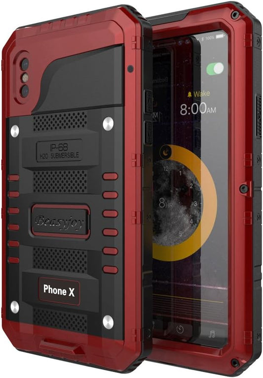 Beasyjoy for iPhone X iPhone 10 Metal Case Heavy Duty Aluminum Cover Waterproof with Screen Full Body Protector Shockproof Tough Rugged Durable Military Grade for Sports 5.8 inch, Red