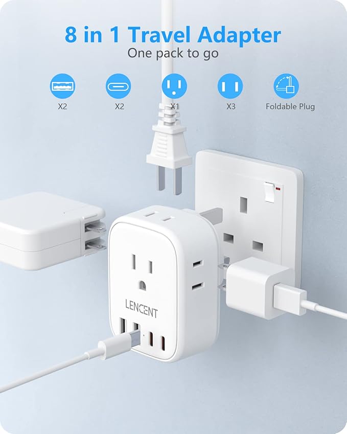 LENCENT US to UK Ireland Travel Plug Adapter, Grounded Type G Adapter | 2 Pack Travel with 4 Outlets 4 USB Ports (2 USB C), Power Plug for USA to Dubai Scotland British London England Hong Kong