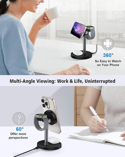 3 in 1 Magnetic Wireless Charging Station, 15W Fast Charger Stand for iPhone, Phone Charger Stand for Desk Nightstand, for iPhone 17/16/15/14/13/12, Apple Watch & AirPods, 18W Adapter Included -Black