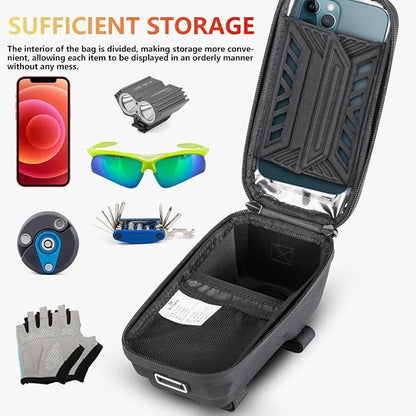 Waterproof Bike Frame Bag - MTB/Road Bike Top Tube Phone Holder for Phones Under 6.5", Universal Bicycle Phone Pouch with Rain Cover & Shockproof Design, Commuter Cycling Accessories