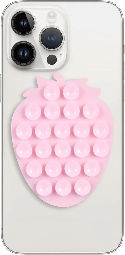 Silicone Phone Grip, 23 Suction Cups, Suitable for Selfies and Videos on Mirrors, bathrooms and Smooth Surfaces, Compatible with iPhone, Samsung, etc. (Strawberry Shape, Light Pink)