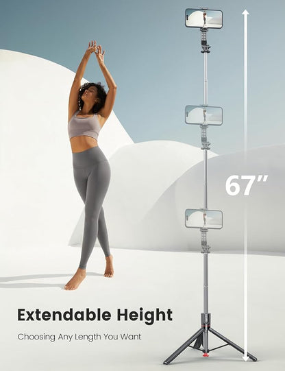 Selfie Stick Tripod with Light, 67'' Tripod with Wireless Remote, Portable Phone Tripod Compatible with iPhone 16/15 Pro Max/15/14 Pro/14/13, Samsung S22/ S23 Ultra/Android Smartphone