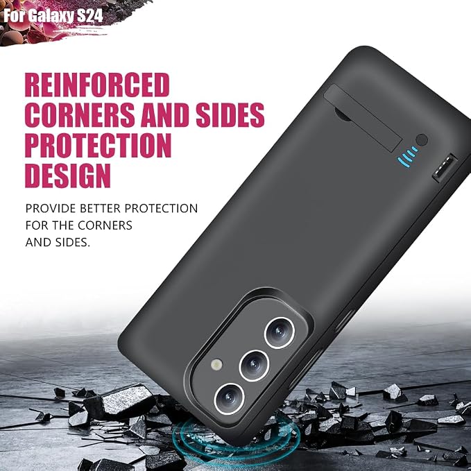Battery Case for Samsung Galaxy S24, 5000mAh Rechargeable Extended Battery Charging Charger Case, Add 100% Extra Juice, Not Compatible with S24+ or S24 Ultra (6.2 inch) Black