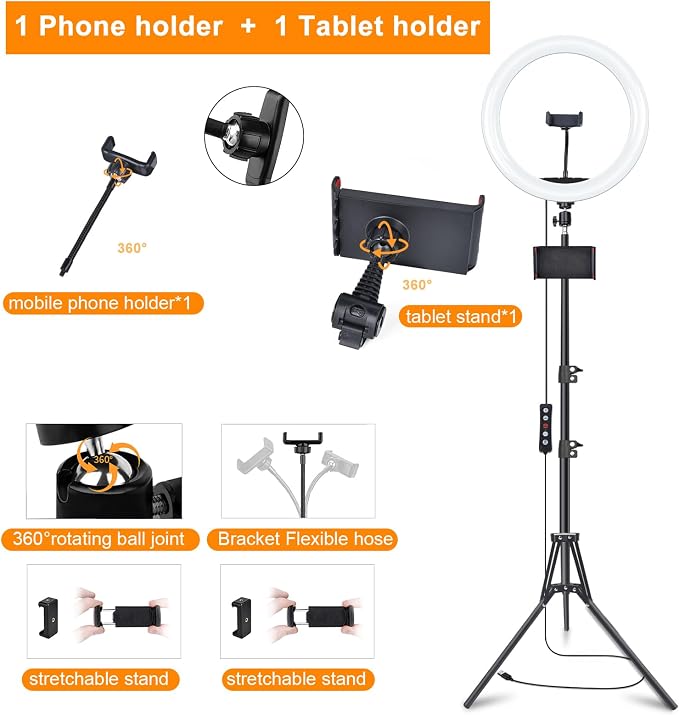 13" Selfie Ring Light with Stand 76" Tall & Phone Holders,Sunset Lamp, Tablet Holder,Desk Tripod& 51 Color Modes, Ring Light Tripod for iPhone,Video Recording,Live Streaming(TikTok/YouTube/Instagram)