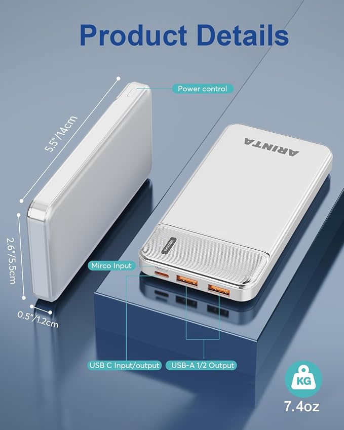 5V 2.4A Power Bank Portable Charger 10000mAh, Battery Pack Ultra Slim with USB-C Input/Output, Travel Essentials, Compatible for Smartphones & Tablets, Gifts for Men Women. (White)