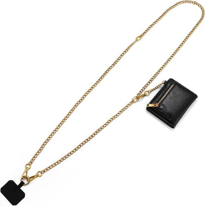 Diaclara Clip and Go Chain Phone Strap with Zipper Pouch- Stylish Crossbody Adjustable Chain Lanyard with Leather Wallet for All Phones, Dark Gold