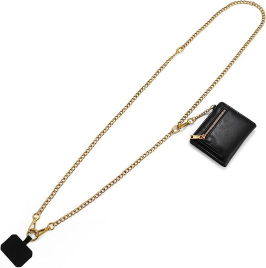 Diaclara Clip and Go Chain Phone Strap with Zipper Pouch- Stylish Crossbody Adjustable Chain Lanyard with Leather Wallet for All Phones, Dark Gold