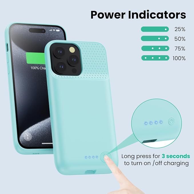 Battery Case for iPhone 15Pro Max, Upgrade 8600mah Portable Slim Battery Charging Case, 15W Fast Charging Rechargeable Protective Extended Charger Cover for iPhone 15 Pro Max (6.7 inch)-Green