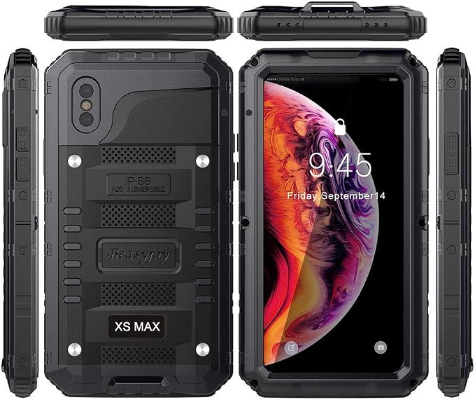 Beasyjoy for iPhone Xs Max Case Waterproof Metal Heavy Duty Strong Durable Cover Built-in Screen Full Body Protective Shockproof Tough Rugged Hybrid Military Grade Defender for Outdoor-Black
