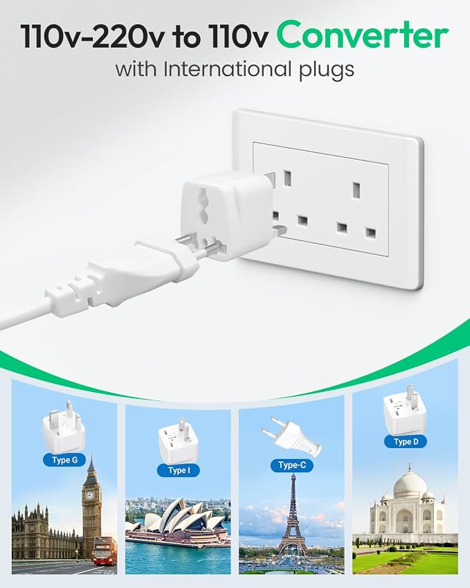 220V to 110V Converter, Universal Travel Adapter with 1 USB A & 2 USB C Ports Fast Charging, 2 AC Sockets and UK/AU/US/EU Worldwide Plug Adapter