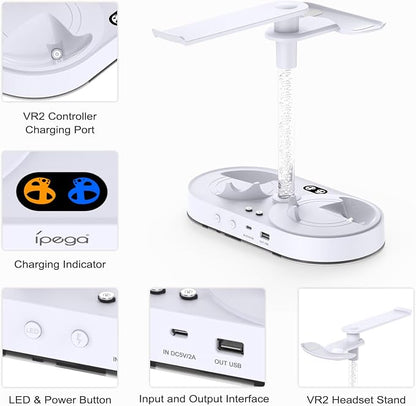 FASTSNAIL Charging Stand for PlayStation VR2, Multifunction Vertical PS VR2 Headset & Sense Controllers Charge Dock Station with 10 RGB Light Modes of Memory, for PS5 VR2 Accessories (RGB Base)