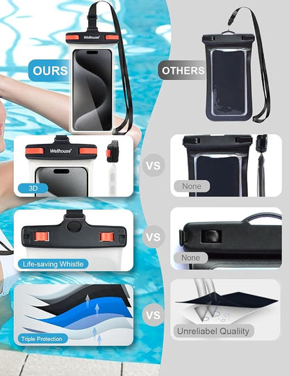 wellhouse Waterproof Phone Pouch, Waterproof Phone Case for iPhone 17 16 15 14 13 Pro Max XS Samsung, IPX8 3D Cellphone Dry Bag Beach Essentials (1 Pack - Black/Red Clasp7.0, 7 inch)