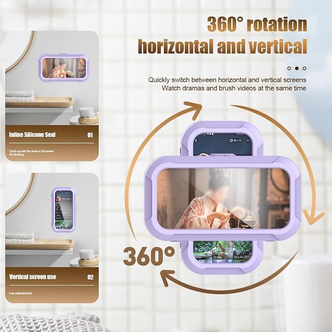 360° Rotatable Retractable Adjustable Shower Phone Case Holder,Anti-fog HD & sensitive screen ,Wall Mounted Phone Holder for Bathroom Mirror Bathtub Kitchen,Shower Accessories for 4-7" Phones (purple)