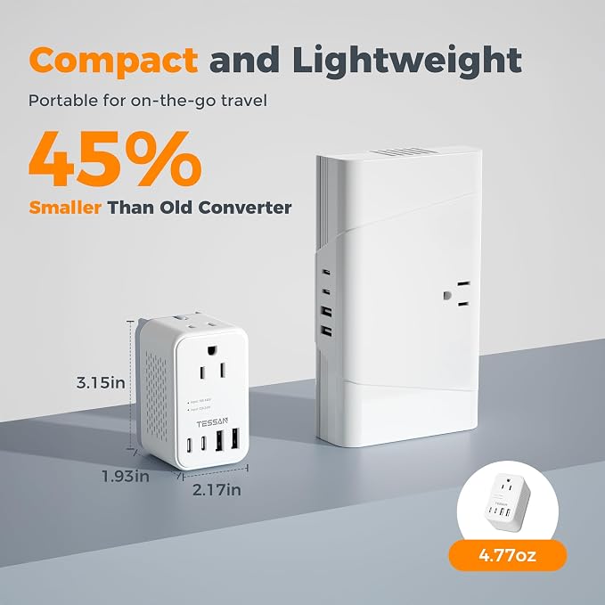 TESSAN 220 to 110 Voltage Converter US to Europe, International Adapter | 4 USB Ports(2 USB C), 2 AC and EU/UK/AU Plug Universal Travel Power Converter Adapter Combo, Step Down Transformer