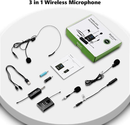 Bietrun UHF Wireless Lavalier Lapel Microphone System/Headset Mic/Stand Mic, 165ft Range, Rechargeable Transmitter Receiver, 1/4" Output, for iPhone,Android,PA Speaker,DSLR Camera,YouTube, Recording