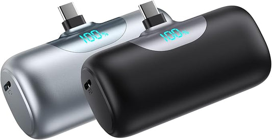 [2-Pack]Mini Portable Charger for iPhone 17/16,5500mAh LCD Display USB C Power Bank,Fast Phone Charging Travel Pocket Size Battery Pack for iPhone 17/17 Pro Max/Air/16/15 Series,Android(Black+Silver)