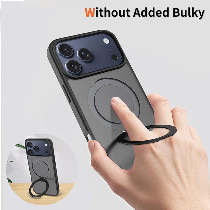 Ultra-Magnetic Stand for iPhone 17 Pro Case [Military Drop Protection] [Compatible with MagSafe] Shockproof Translucent Matte Slim Ring Holder Case for iPhone 17 Pro (Black)