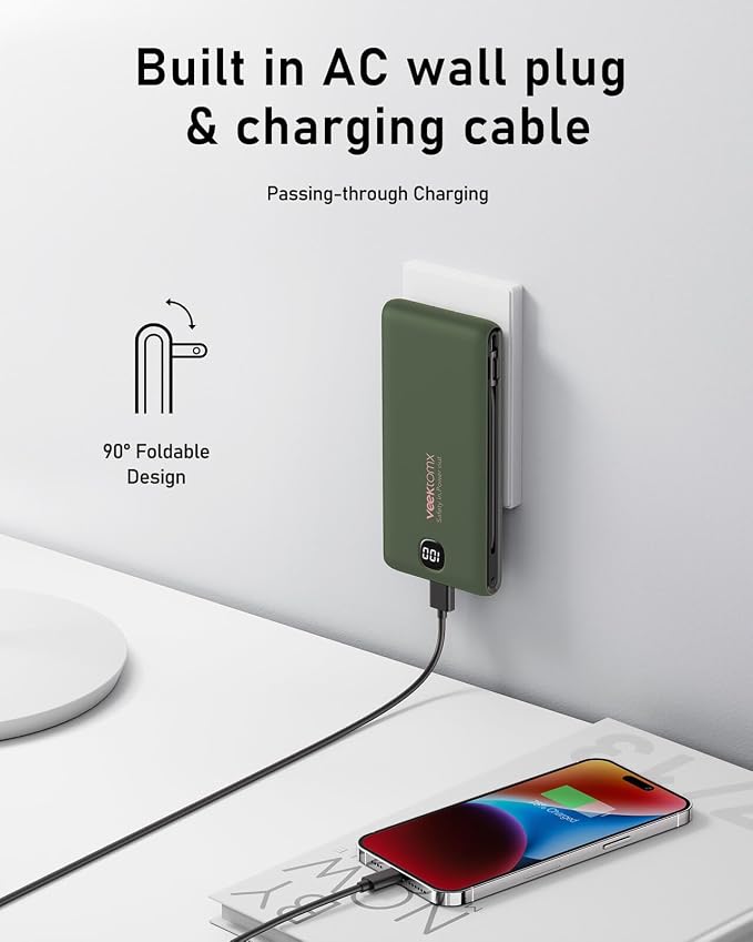 VEEKTOMX Portable Charger with Built in Cables 10000mAh, Power Bank for iPhone with Wall Plug, Travel Essential Fast Charging USB C Slim External Battery Pack for iPhone 17/16/15, Samsung, iPad, etc