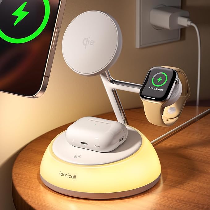 Lamicall 4-in-1 Qi2 Certified Wireless Charging Station for Magsafe, [LED Night Light] 15W Fast Magnetic Charger Stand Gifts, Compatible for iPhone 17 16 15 14 13 Series, Watch, Air pods, 30W Adapter