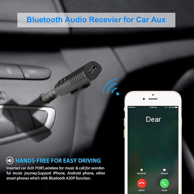 Bluetooth Audio Adapter, Portable Noise Cancelling Bluetooth 5.0 Stereo Receiver, Mini 3.5mm Wireless Aux Adapter for Wired Headphones Car/Home Stereo System, Hands-Free Calling & Music Playing