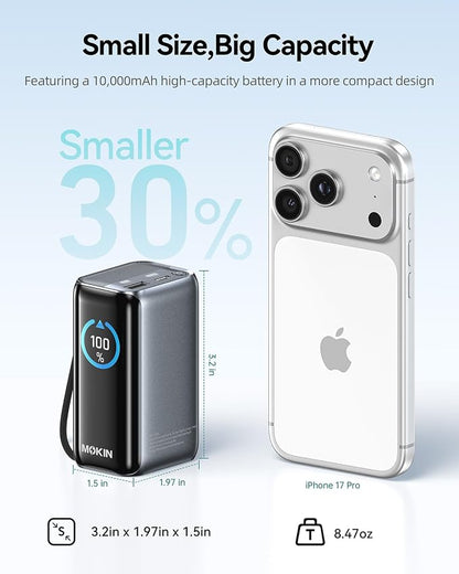 MOKiN Portable Charger 10000mAh, 45W PD Fast Charging Power Bank with Built-in Retractable USB-C Cable, Smart Display Mini Battery Pack, Pocket Portable Charger for iPhone 17/16/15, Samsung, iPad