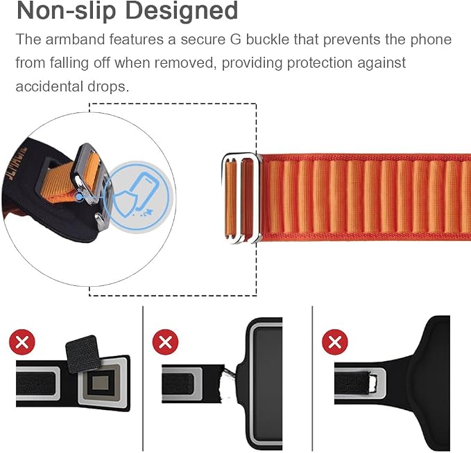 JEMACHE Running Armband for iPhone 17 16 15 14 13 Pro Max/Plus, Samsung Galaxy S26 S25 S24 Ultra/Plus, G Buckle Workouts Phone Arm Band Bag (Orange, S)