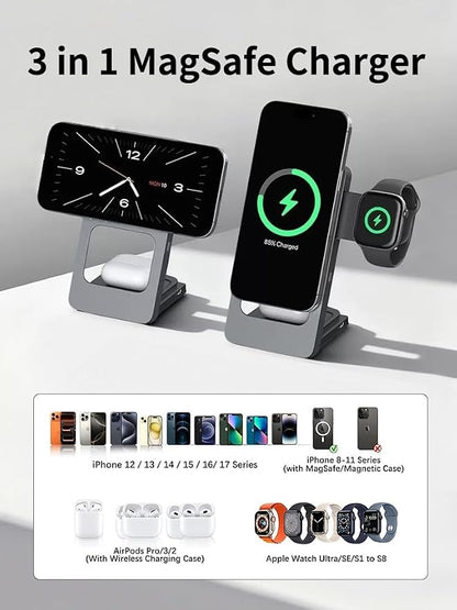3 in 1 Wireless Charging Station for iPhone 17 16 15 14 13 12, Apple Watch 10 9 8 7 6 5 4 3 2 SE Ultra, AirPods 4 3 2 Pro, 15W Fast Charger Stand (Gray)