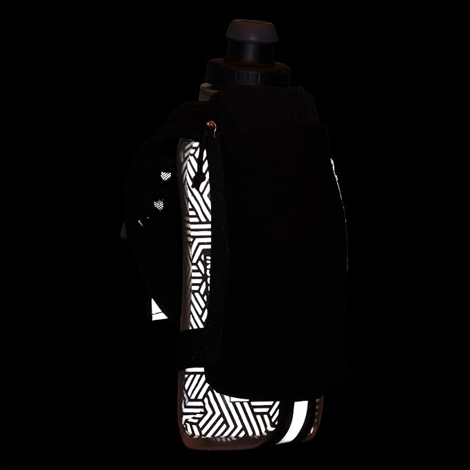 Nathan SpeedDraw 2 Insulated Handheld Running Water Bottle Flask – Double-Wall Insulation, Ergonomic Grip, Blast Valve Cap, Phone & Key Storage Pockets, Reflective Design - 18oz Insulated - Black