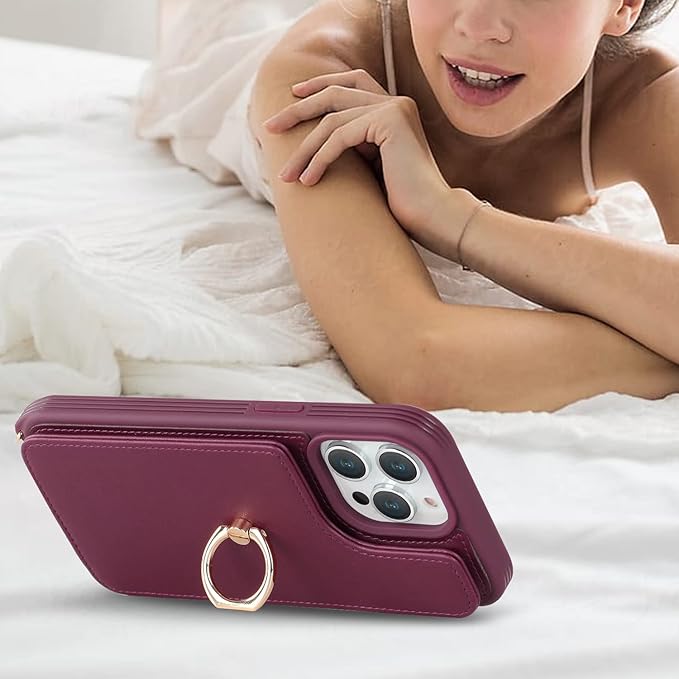 Lipvina for iPhone 14 Pro Max Case with Card Holder for Women,Phone Case with Strap,Crossbody Lanyard,RFID Blocking,Ring Stand,Snap Clasp,Cute Wallet Cases 6.7 inch (Wine Red)