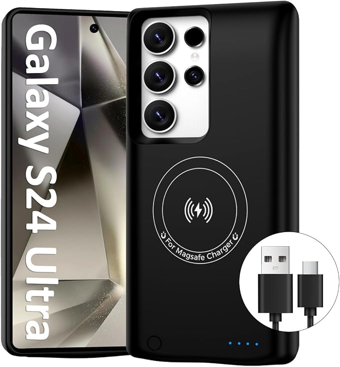 Battery Case for Samsung Galaxy S24 Ultra, 10000mAh Qi Wireless Charging Magnetic Rechargeable Extended Charge Case, Portable Protective Power Bank for Samsung S24 Ultra(6.8") Black