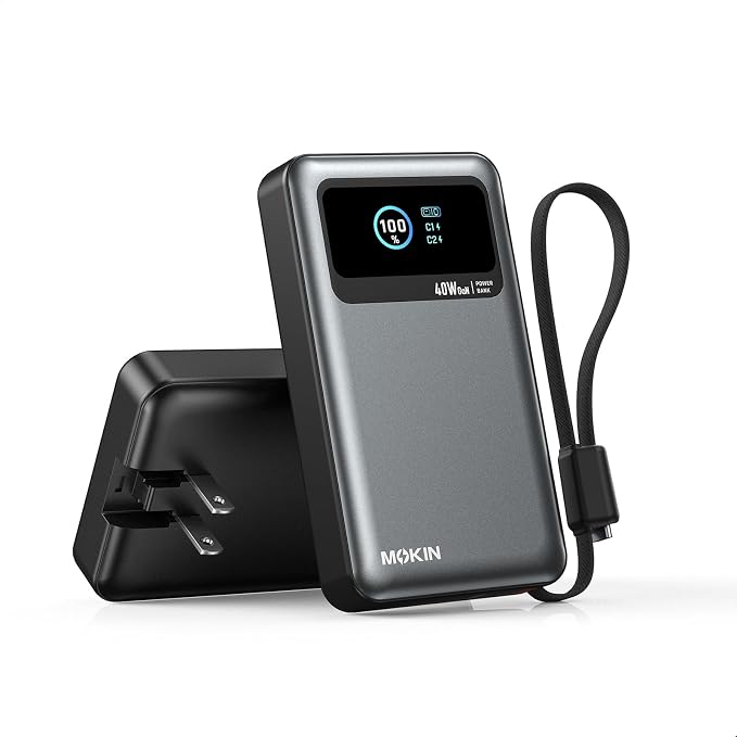 MOKiN 10000mAh 40W 3-in-1 Portable Phone Charger with Foldable Plug, Built-in USB-C Cable & LCD Display, All-in-One Power Bank for Travel Daily Use Compatible with iPhone 17/16/15 Series, Samsung
