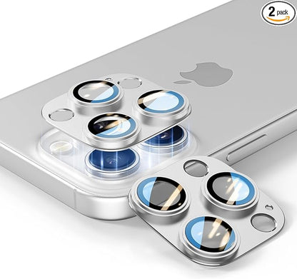 for iPhone 14/15/16 Pro & Pro Max Camera Lens Protector [2 Pack], Tempered Glass with Metal Alloy Frame, for iPhone 16 pro max Lens Protector, HD Clear Photography, Silver