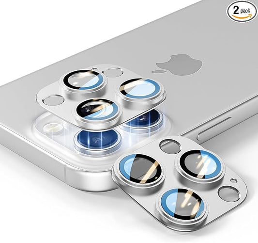 for iPhone 14/15/16 Pro & Pro Max Camera Lens Protector [2 Pack], Tempered Glass with Metal Alloy Frame, for iPhone 16 pro max Lens Protector, HD Clear Photography, Silver