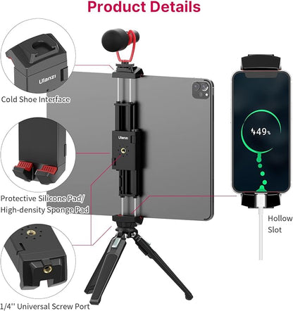 ULANZI ST-29 Phone Tripod Mount, Universal 2-in-1 Tablet Smartphone Holder Adapter with Cold Shoe Mount, 2.6"-8.8" Extend Clip Clamp Compatible with iPad, iPhone, Samsung Galaxy and More