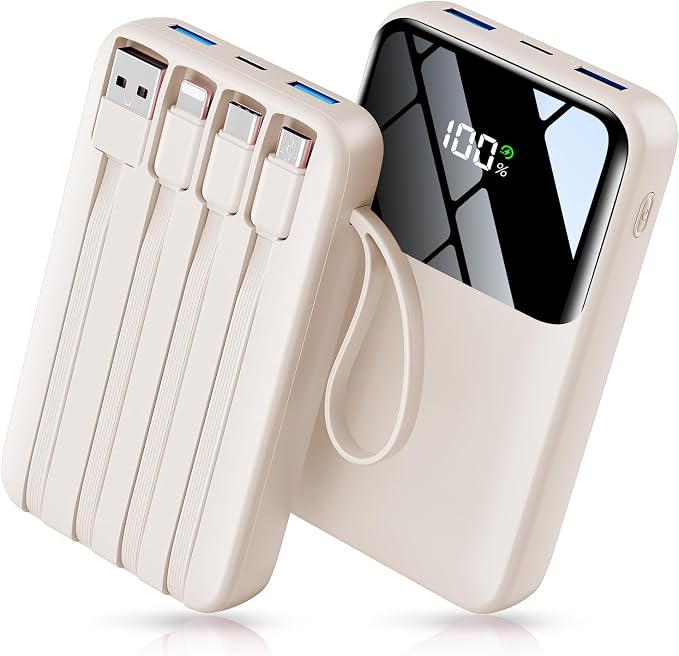 Power Bank, 15000mAh Portable Charger with Built in Cable, 22.5W Fast Charging, 6 Outputs, Slim Travel Essential Battery Pack with LED Display, Compatible with iPhone 17/16/15/14/13, iPad Beige