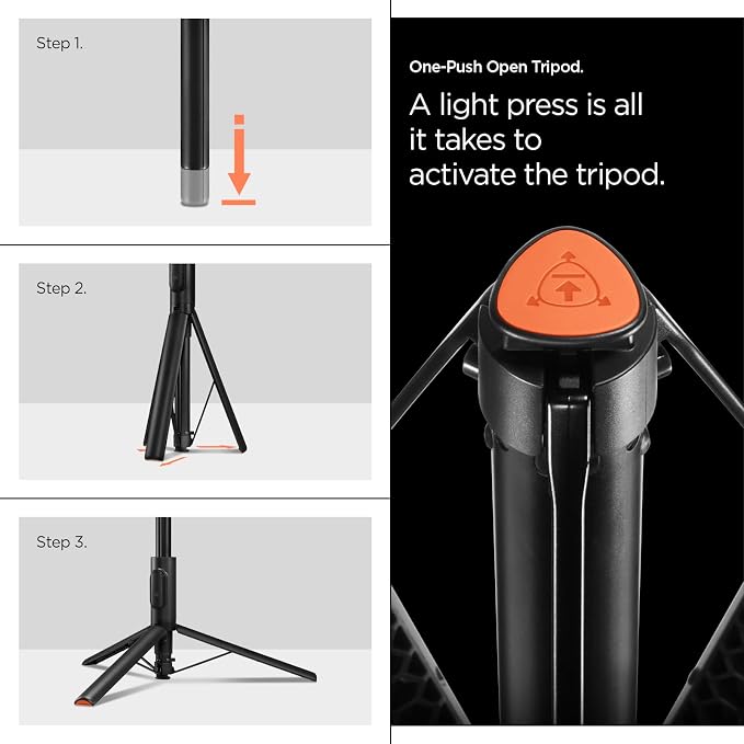 Spigen Selfie Stick Automatic Tripod Stand with Bluetooth Remote Control Shutter 57" Extendable Compatible with MagSafe iPhone 17/16/15/14/13/12 Pixelsnap Pixel 10 Series & More - Black (S541W)
