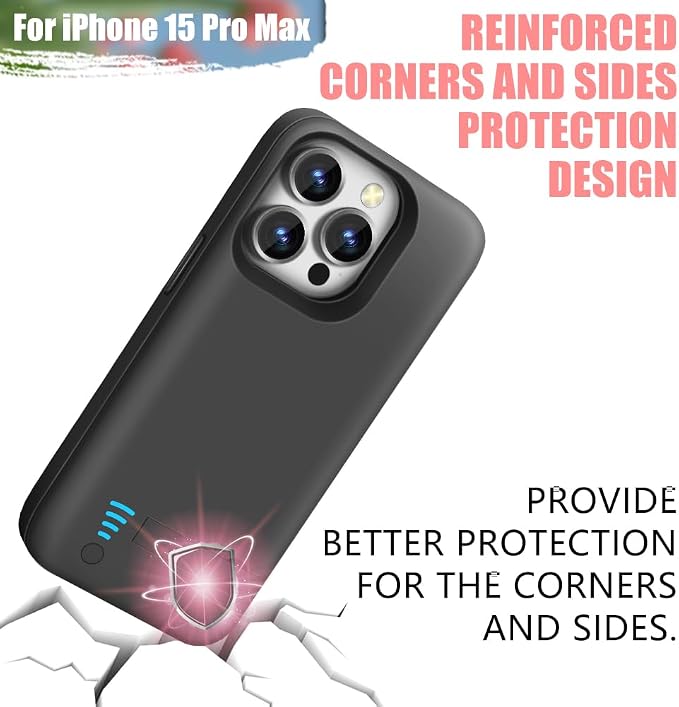 Sitong Battery Case for iPhone 15 Pro Max, 6000mAh Rechargeable Extended Battery Charging/Charger Case, Add 100% Extra Juice (6.7 inch) Black