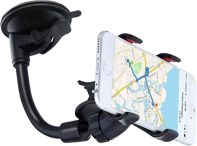 Phone Holders for Your Car: Windshield Phone Mount with Long Arm, 360° Rotation Strong Suction Cell Phone Car Mount, Anti-Shake Stabilizer for iPhone, Samsung, All Smartphones