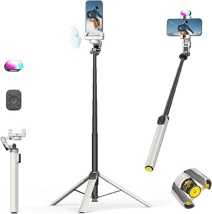AOCHUAN 70.9” Auto-Open 4-in-1 Smartphone Gimbal for iPhone & Android, AI Face Tracking Phone Stabilizer(No App Needed) w/Magnetic Remote, 360° Rotating Gimbal, RGB Light& Built-in Tripod, M3Pro White