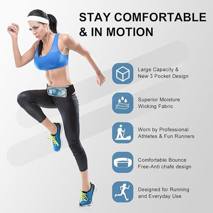 Running Belt Waist Packs with 3 Pockets Touchscreen Window for Women & Men Sweatproof Fitness Belt for iPhone 15 Pro Max 14 Pro Max 13 Pro 12 11 Fit Smartphone Up to 7"