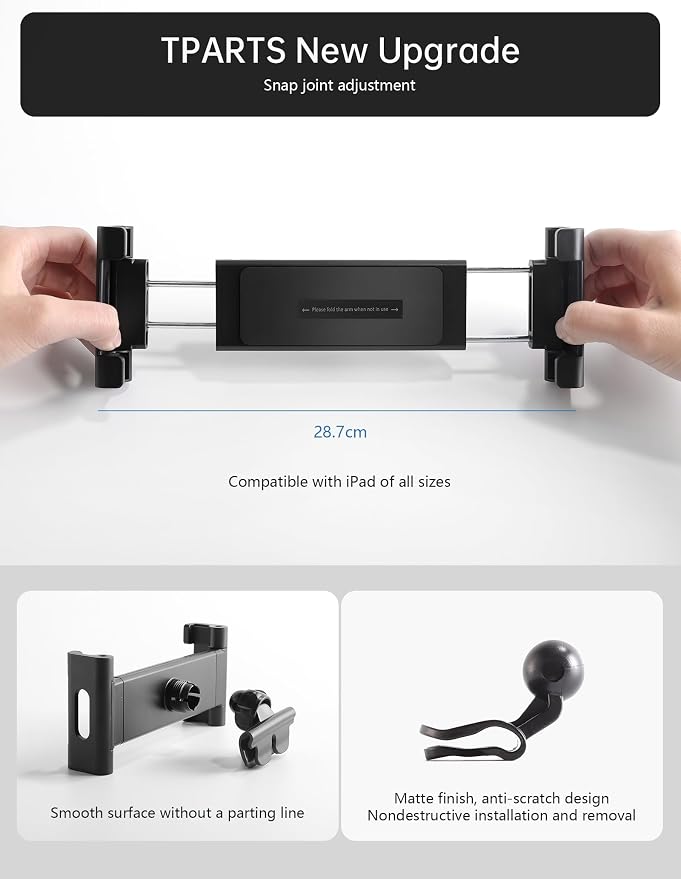 TPARTS Backseat Headrest Tablet Mount Holder for Tesla Model Y & Model 3 All Years (Highland & Juniper Compatible), Fits iPad(Including 12.9" iPad Pro) and Smart Phones Over 4.7"