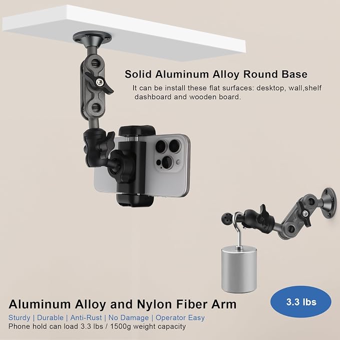 Wall Mount Phone Holder Drilling Base Heavy Duty iPhone Stand,360° Adjustable 2-Stage Arms Mount for Wall/Desk/Car/Truck/Van Dashboard,Compatible with 3.5~7.5" iPhone/HTC/LG/Nexus/Huawei Smartphone