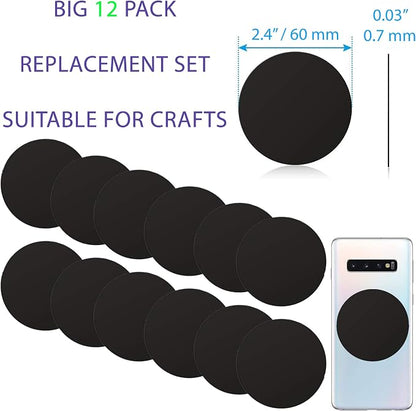 Tablet Metal Plates for Magnetic Car Mount, Wall, Magnets Kit. Replacement Set 2.4" of 12 Large Black Round Iron Discs for DIY, Crafts. 3M Adhesive Backing Steel Cell Phone Case Stickers 12 Pack