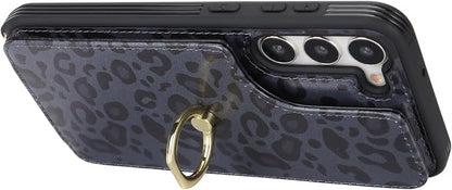 Lipvina for Samsung Galaxy S22 Case with Card Holder and Strap for Women,Crossbody Lanyard,RFID Blocking,Ring Stand,Snap Clasp,Cute Phone Wallet Cases 6.1 inch(Black Leopard)