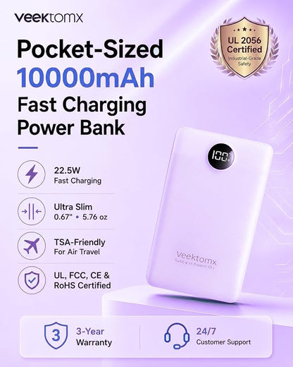 Portable Charger 10000mAh, Ultra Slim Power Bank Fast Charging with Attached USB C Cable, Travel Essential Phone Power Bank Battery Pack for iPhone 17/16/15/14 Samsung S25 Google etc, Purple