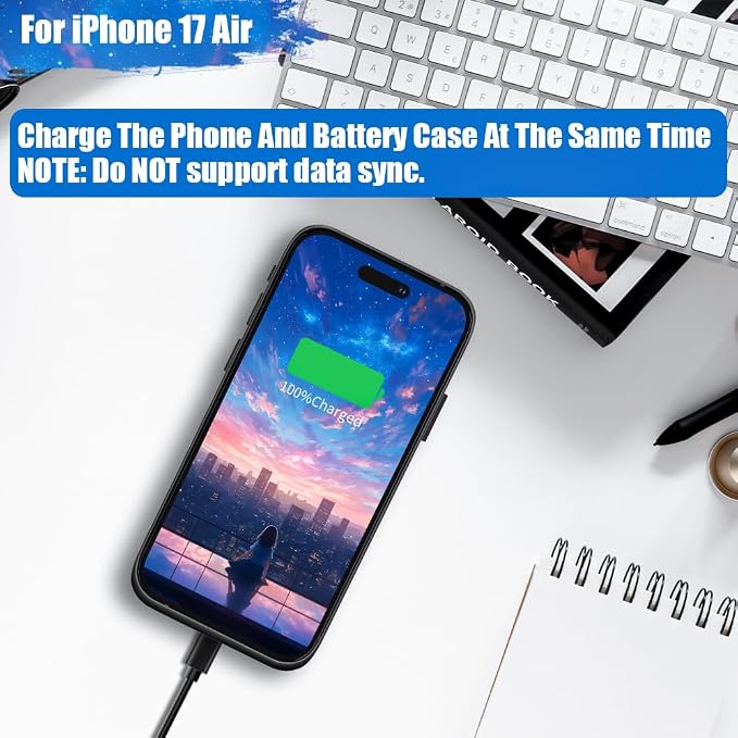 Battery Case for iPhone 17 Air, 6000mAh Rechargeable Extended Battery Charging/Charger Case, Add 100% Extra Juice (6.5 Inches) Black