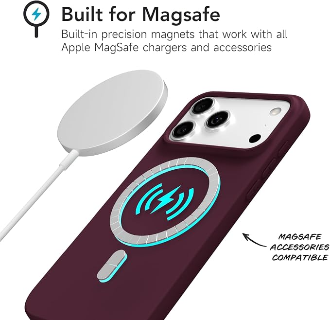 for iPhone 17 Pro Case Silicone Compatible with Magsafe Case, Ultra Slim Thin Magnetic Phone Cases Mag Safe, Cute Soft Rubber Gel Matte Plain Wireless Charging Cover for Women, Burgundy Maroon