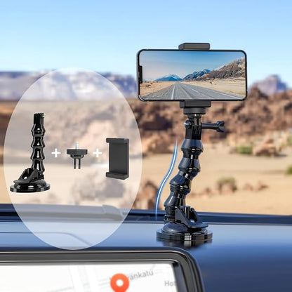 Flexible Gooseneck Extension Suction Cup Car Mount Holder with Phone Holder for Gopro Hero 13/12/11/10, DJI Osmo Action 6/5 Pro/4/3 and More Action Cameras, iPhone 16/15/14/13, Samsung and More Phones